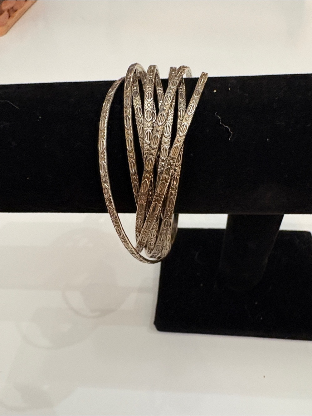 Vtg Silver Tone 10-Band Interlocking Bangle Bracelet | Etched Textured Boho